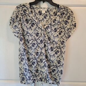 Lucky Brand Navy Blue Cream Semi Sheer Short Sleeve Boho Blouse
